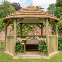 12ftx10ft (3.6x3.1m) Luxury Wooden Furnished Garden Gazebo with Country Thatch Roof - Seats up to 10 people