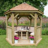 10ftx9ft (3x2.7m) Luxury Wooden Furnished Garden Gazebo with New England Cedar Roof - Seats up to 10 people