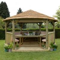 15ftx13ft (4.7x4m) Luxury Wooden Furnished Garden Gazebo with Thatched Roof - Seats up to 19 people