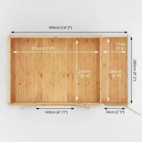 5m x 3m log cabin with integrated side shed
