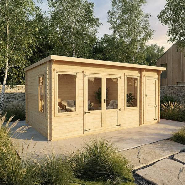 Garden cabin windows facing open garden space