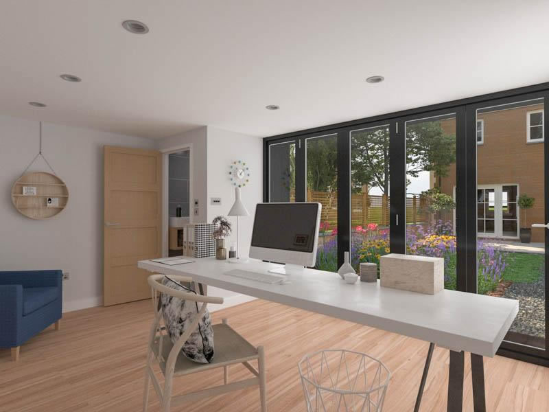 Dual aspect windows improving natural light in a garden office
