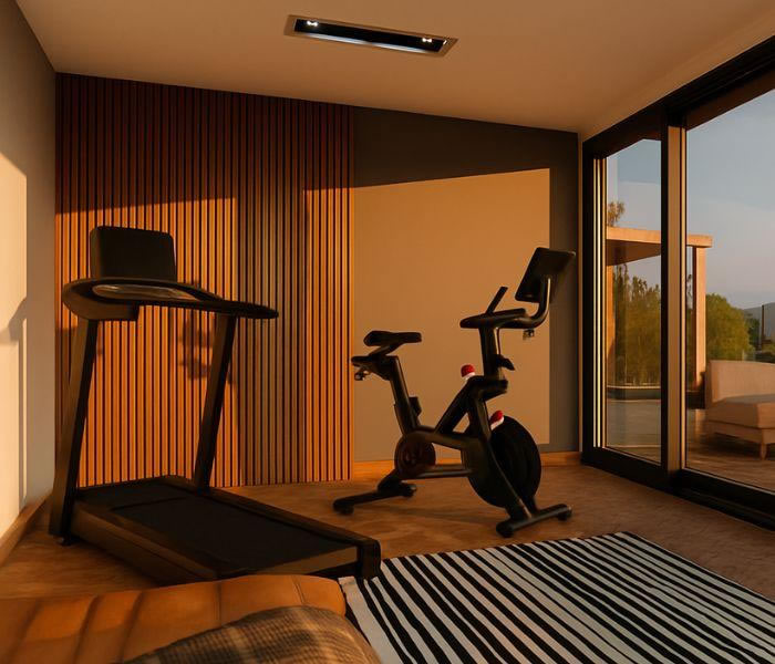 Garden gym layout with mirrors and natural light