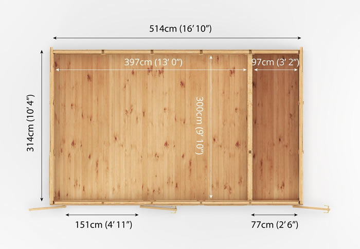 Mirrored log cabin floor plan showing side shed reversal