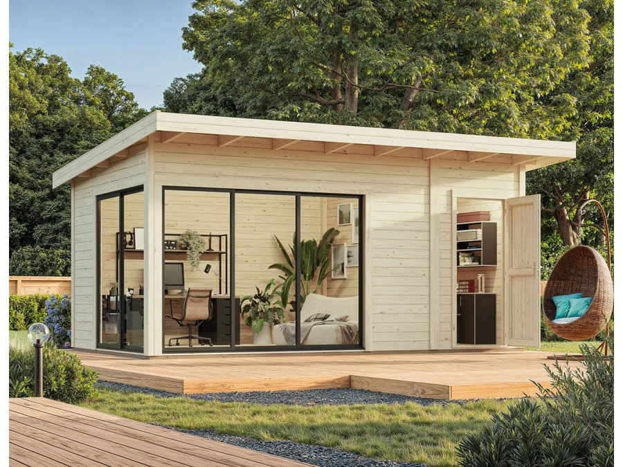 Pent roof log cabin with integrated side shed