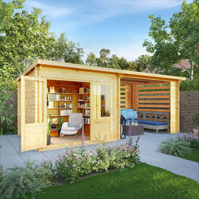 Built in bookshelves inside a small reading cabin