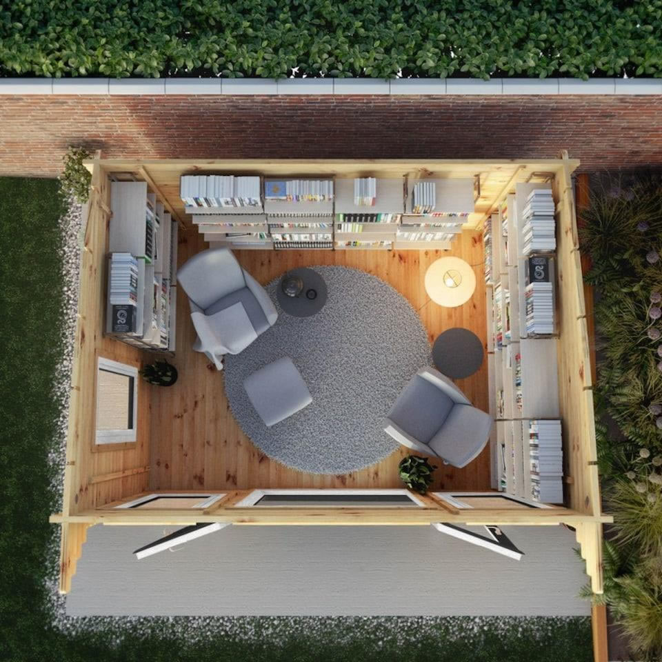 Wall mounted shelving in a compact garden office