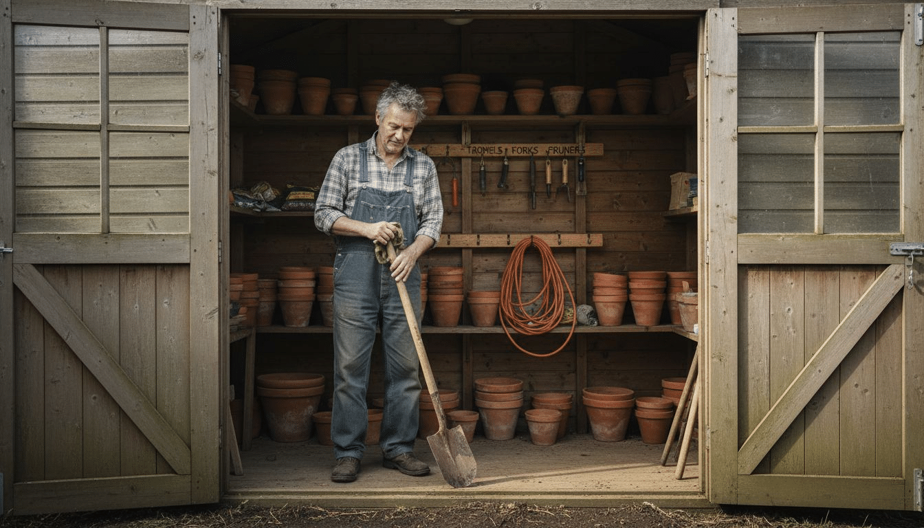 Man organizing tidy garden shed workflow