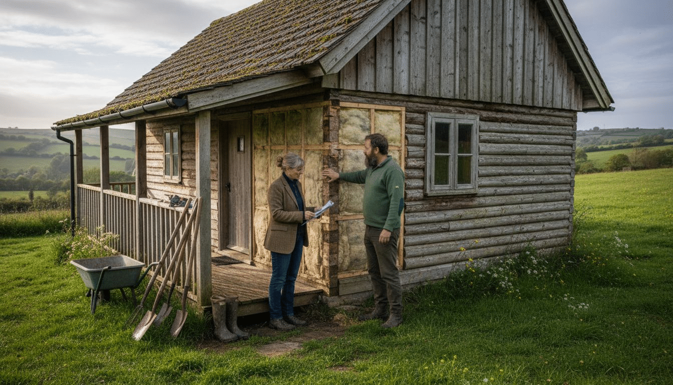 Couple examining log cabin insulation outdoors