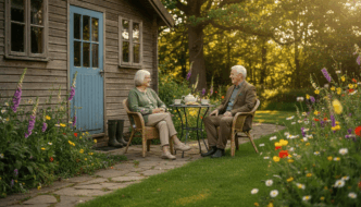 Cosy garden cabin with couple enjoying tea