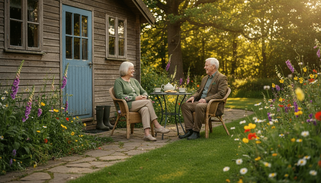 Cosy garden cabin with couple enjoying tea