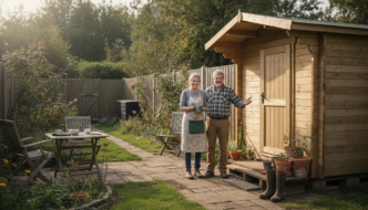 Couple beside corner log cabin garden