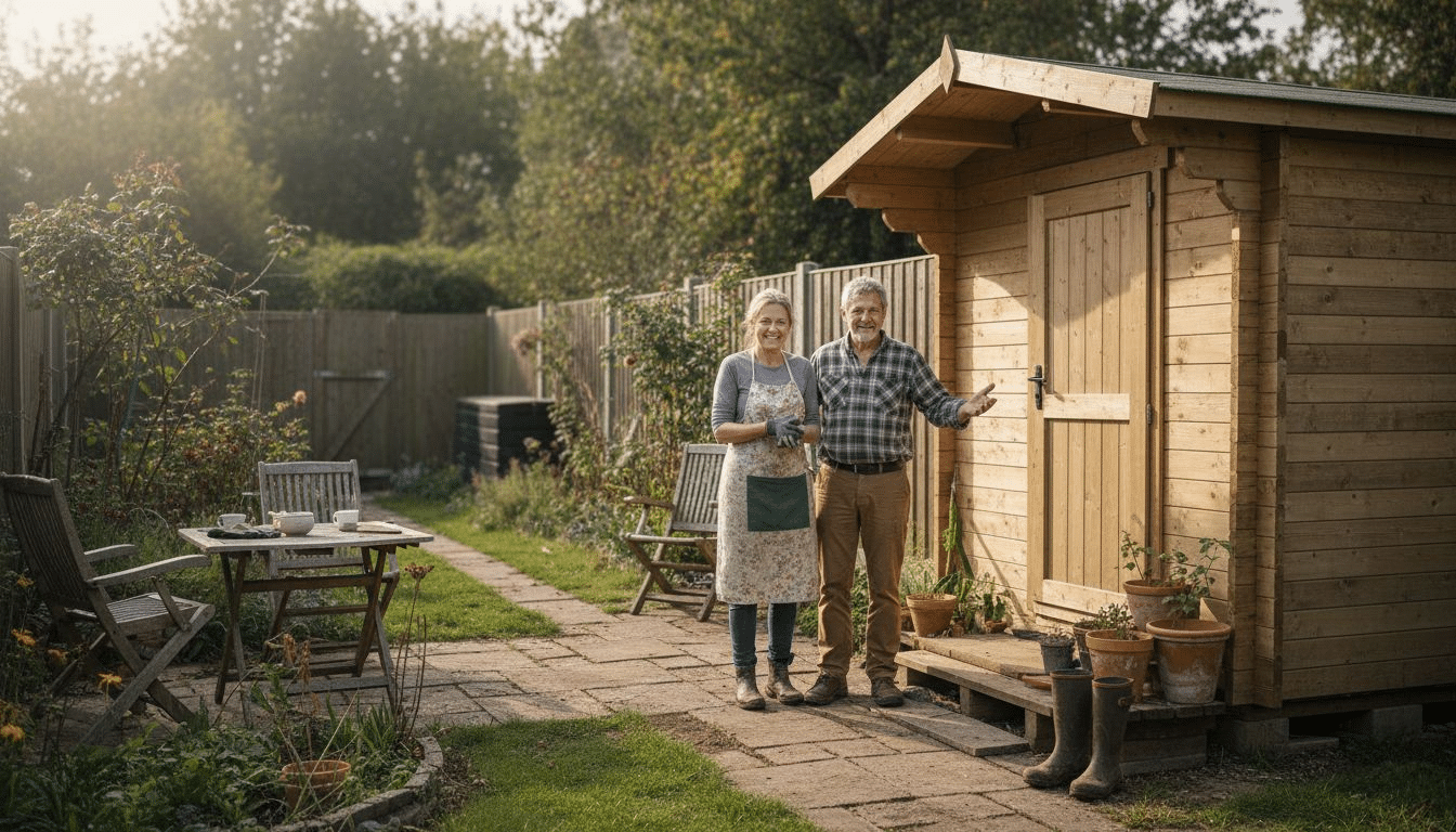 Couple beside corner log cabin garden