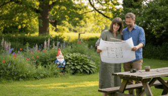Couple reviewing garden cabin plans in garden