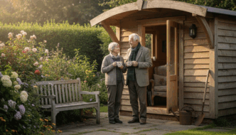Couple outside British garden cabin