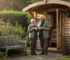 Couple outside British garden cabin