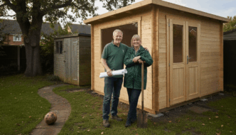 Couple with new custom garden cabin UK