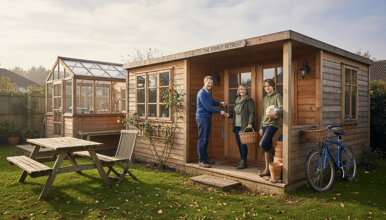 Family outside multi-room garden cabin England