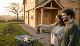 UK couple outside multi-room log cabin