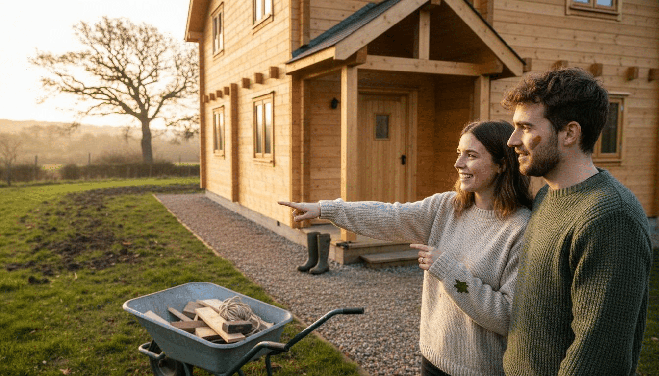 UK couple outside multi-room log cabin