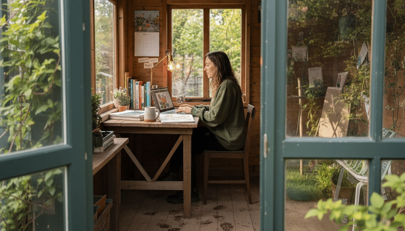 Woman working inside UK garden cabin studio