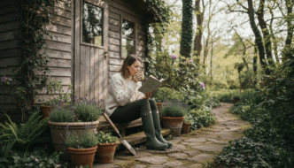 Tranquil garden cabin retreat scene with woman
