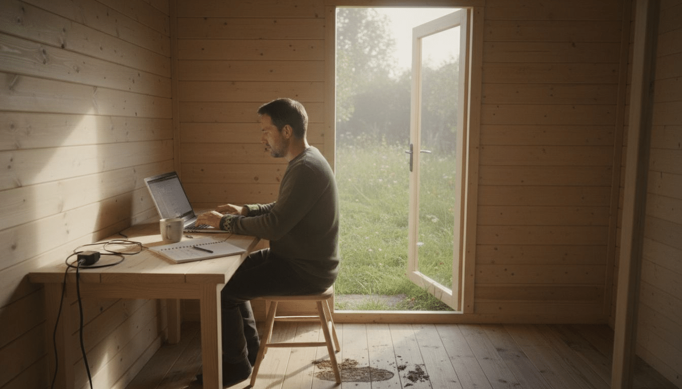 Remote worker in garden office cabin