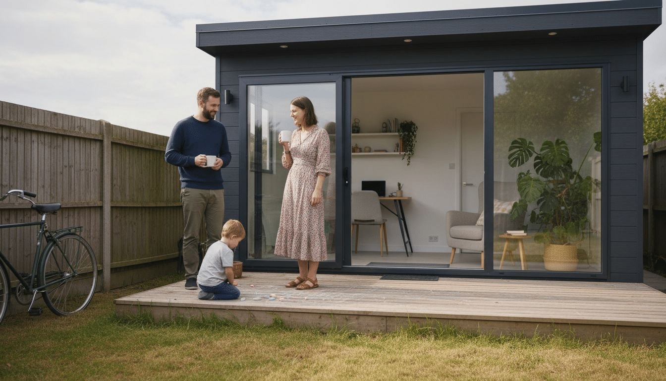 Family outside modern UK garden cabin
