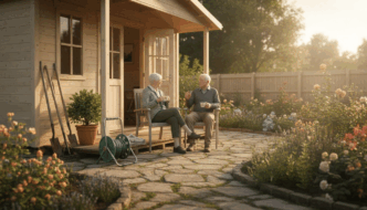 Couple enjoying garden cabin outdoor living