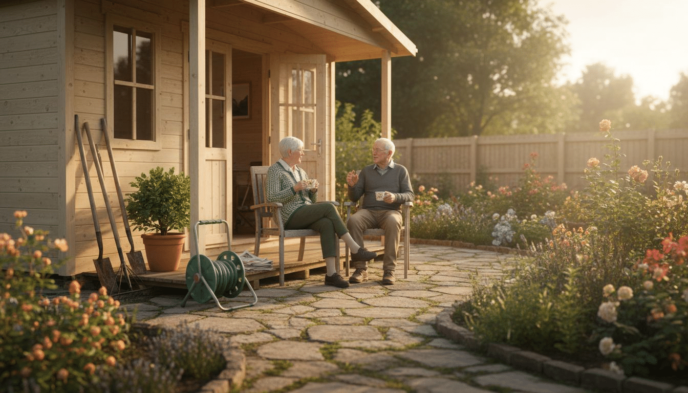 Couple enjoying garden cabin outdoor living