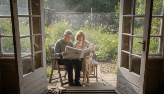 British garden summerhouse with couple reading
