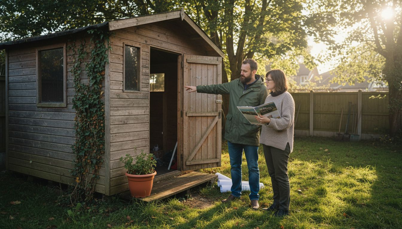 Couple discussing wooden garden cabin exterior