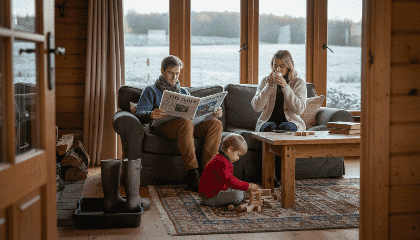 Family relaxing inside insulated log cabin