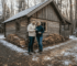 Couple inspecting insulated log cabin exterior