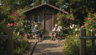 UK garden log cabin with couple relaxing