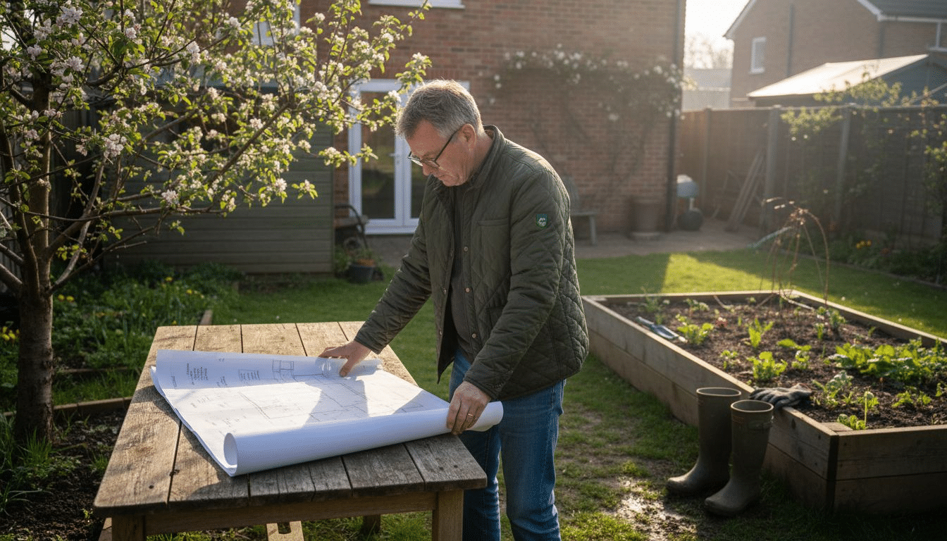 Man reviewing log cabin blueprints in garden
