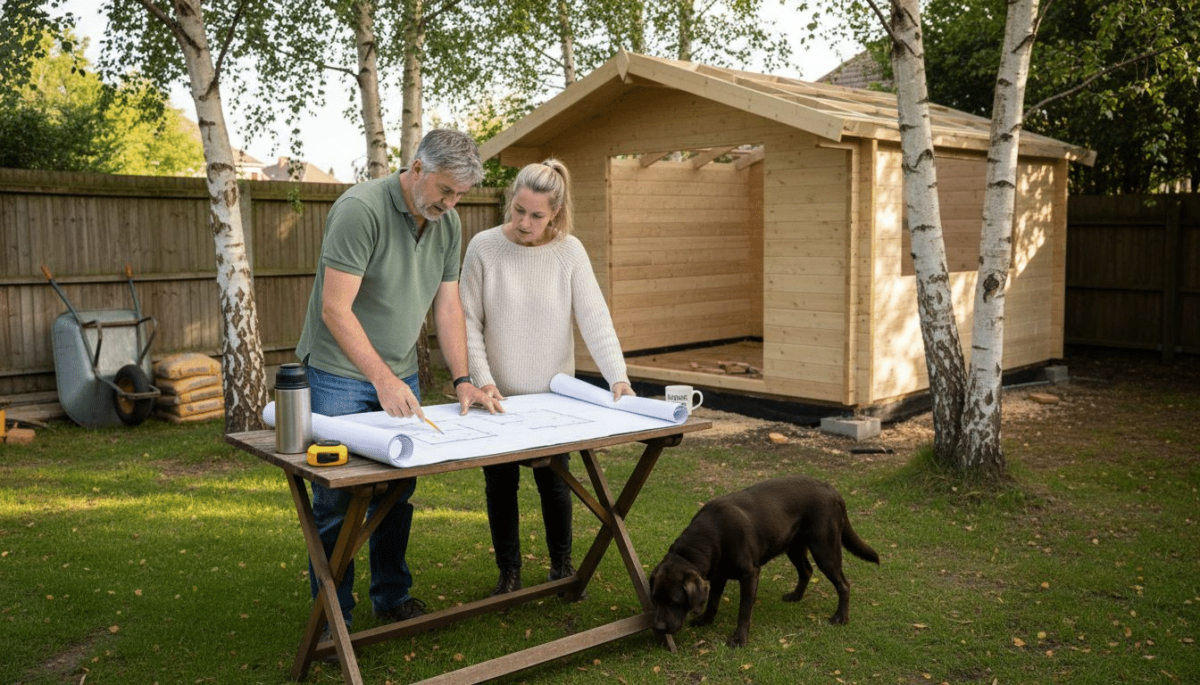 Couple reviewing log cabin plans in UK garden