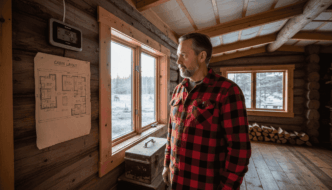 Man checks thermal efficiency inside log cabin