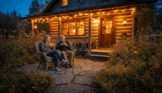 Cozy garden log cabin illuminated at dusk