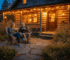 Cozy garden log cabin illuminated at dusk