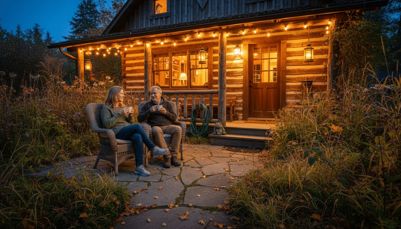 Cozy garden log cabin illuminated at dusk