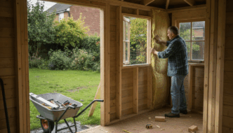 Worker installing insulation in UK garden cabin