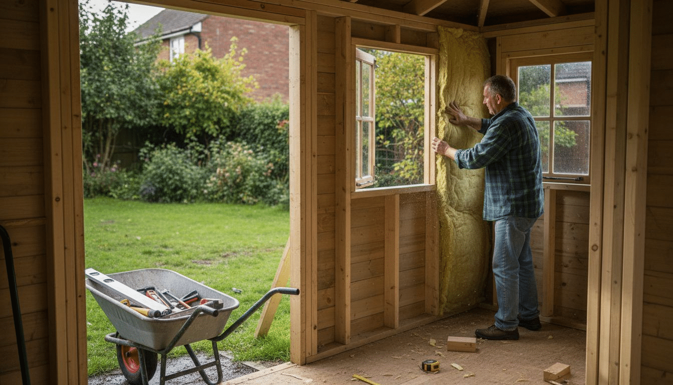 Worker installing insulation in UK garden cabin