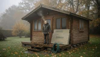 UK log cabin insulated in winter garden