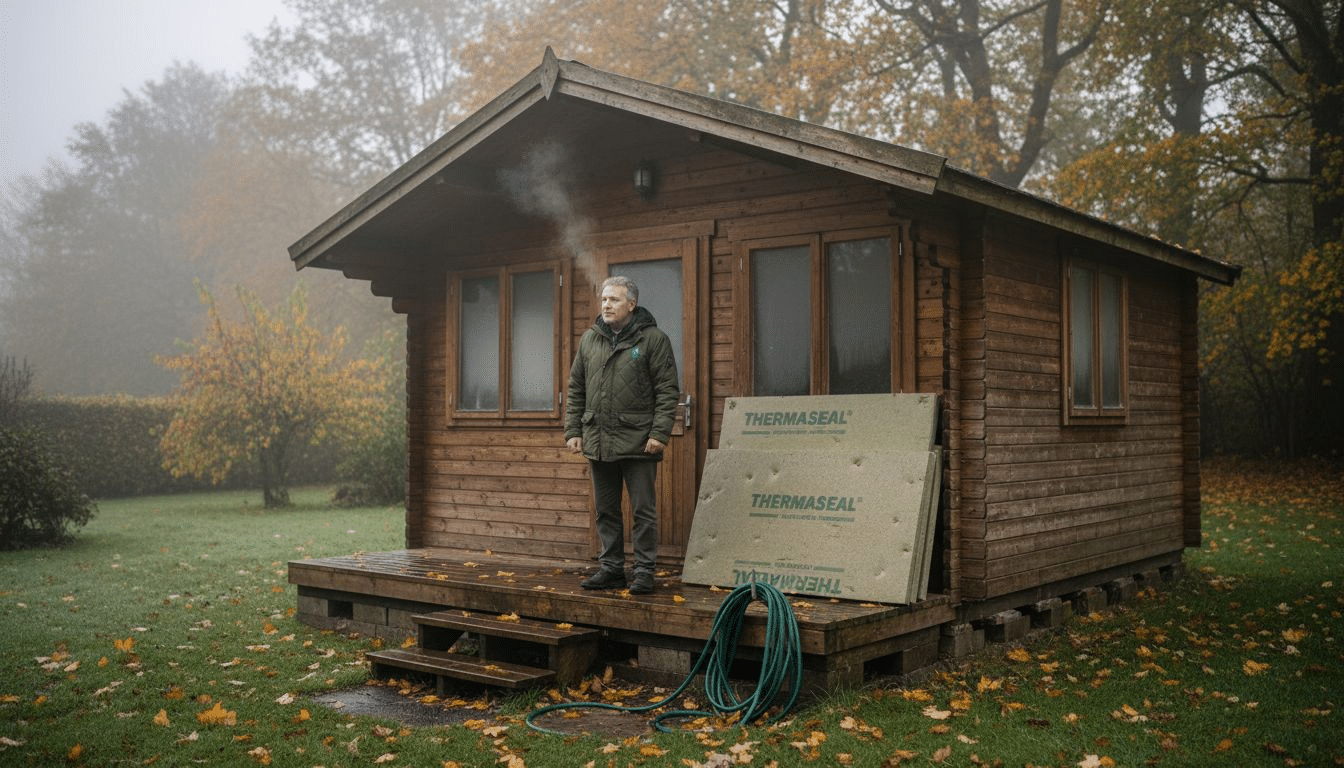 UK log cabin insulated in winter garden