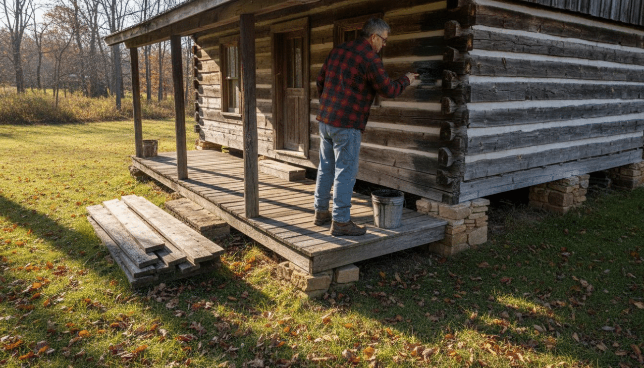 Man staining log cabin exterior for weatherproofing