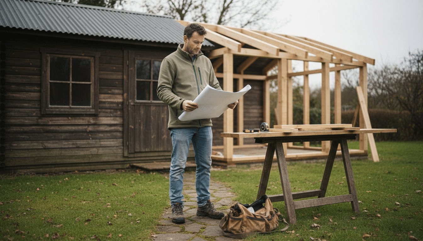 Homeowner checking plans at UK log cabin extension