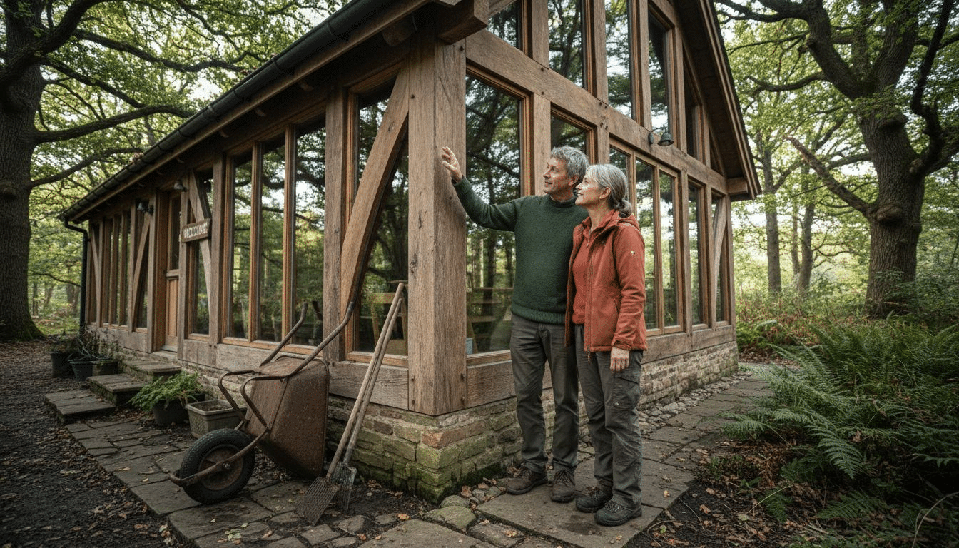 Timber frame cabin with couple outside in garden