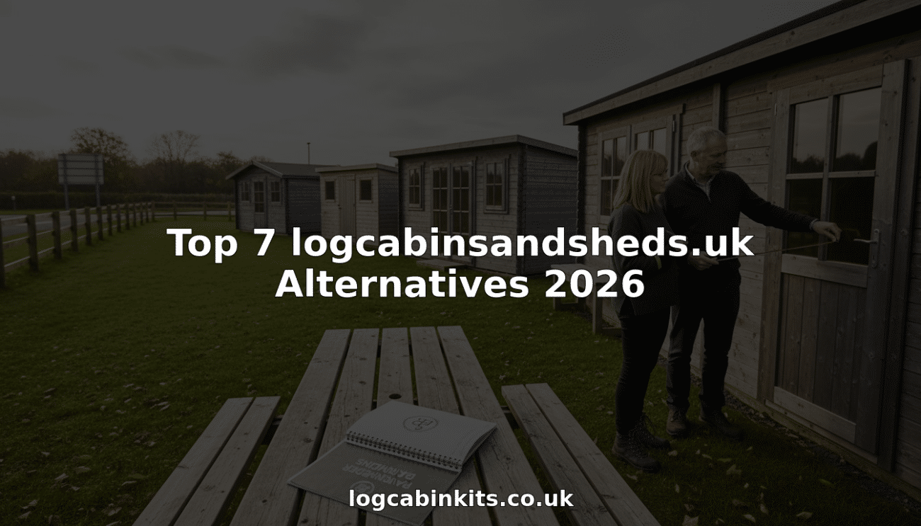 Couple viewing variety of garden log cabins outdoors