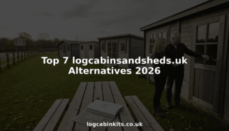 Couple viewing variety of garden log cabins outdoors